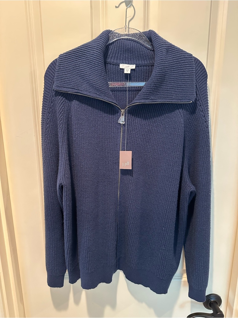 J. Jill Navy Ribbed Full-Zip Sweater with Wide Collar